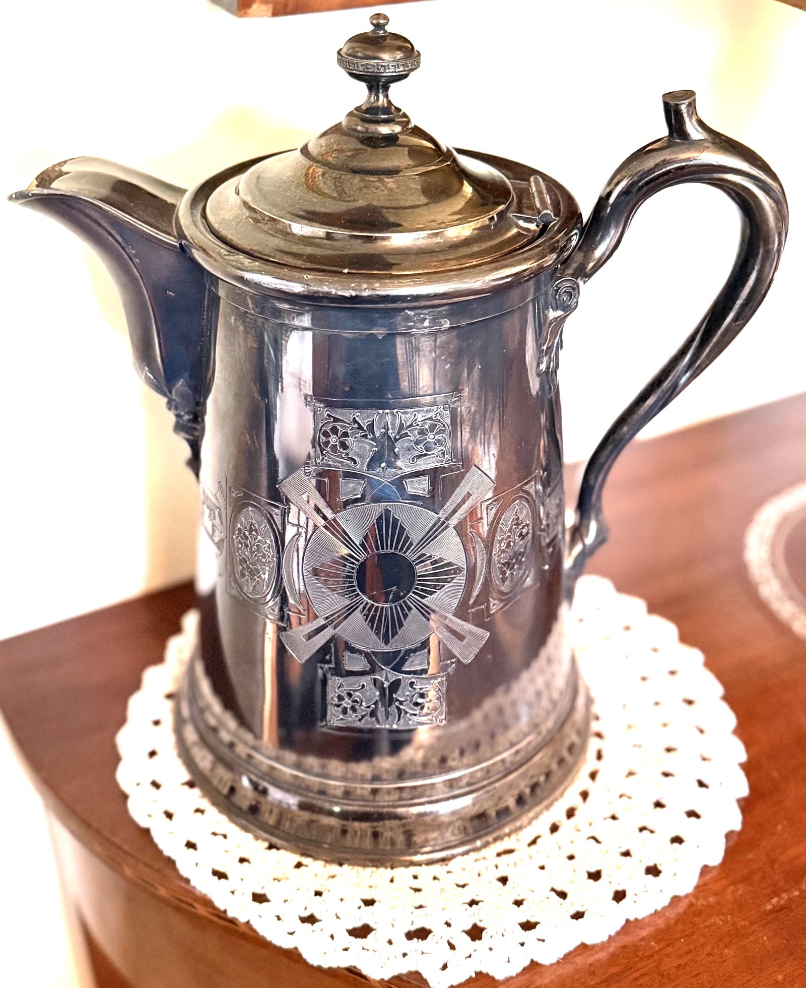 Antique James Stimpson Silverplate Presentation Coffee Pot, Patented 1854: Antique American silver-plated presentation coffee pot by James Stimpson, bearing an applied circular patent medallion reading “PATENTED BY JAS. STIMPSON 1854 EXTENDED FOR SEVEN YEARS.”