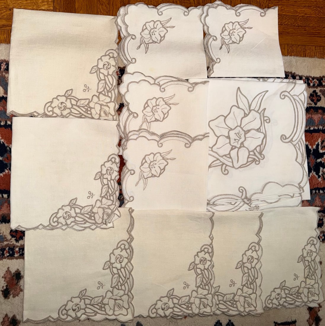 Group of Vintage Hand-Embroidered Linen Table Linens, Floral Cutwork (1 of 3)