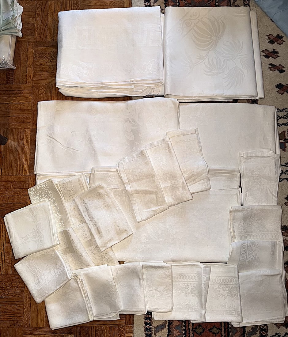 Large Collection of Antique & Vintage White Damask Table Linens, Tablecloths & Napkins (1 of 5)