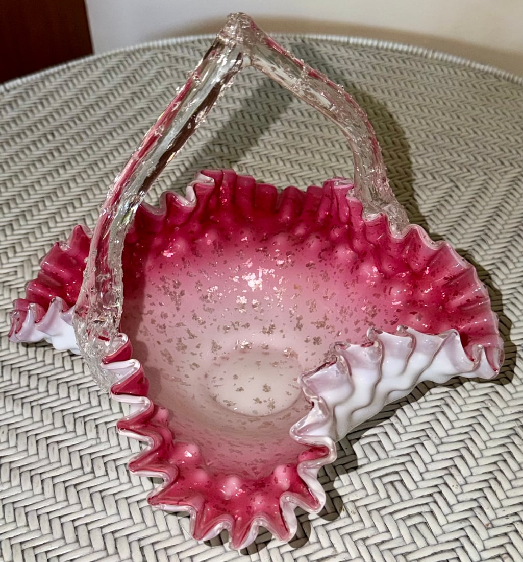 Victorian Cranberry Opalescent Art Glass Brides Basket, Mica Fleck Decoration (1 of 4)