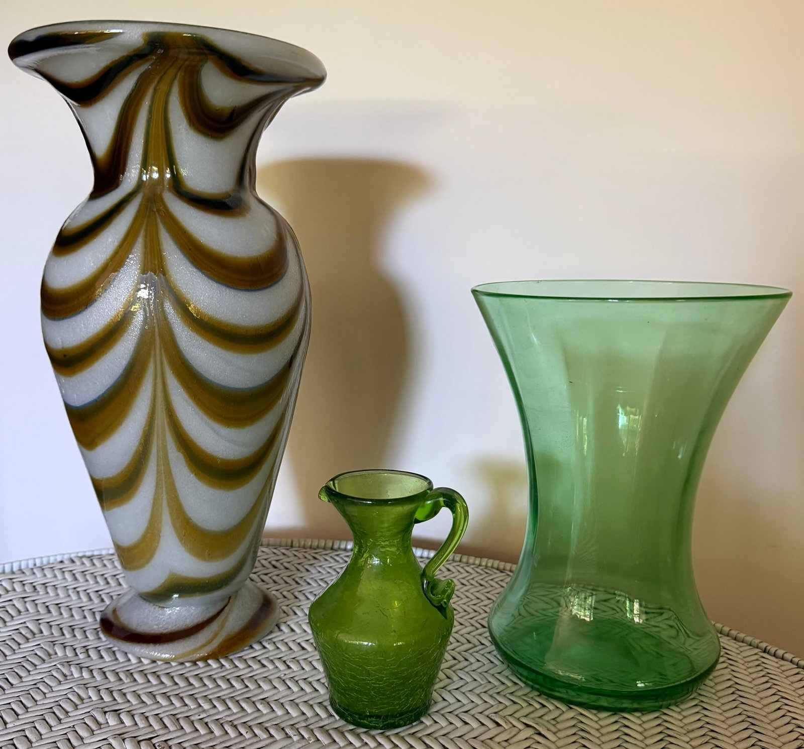 Lot of 3 Vintage Art Glass Vases & Miniature Pitcher, Green & Swirl Glass (1 of 6)
