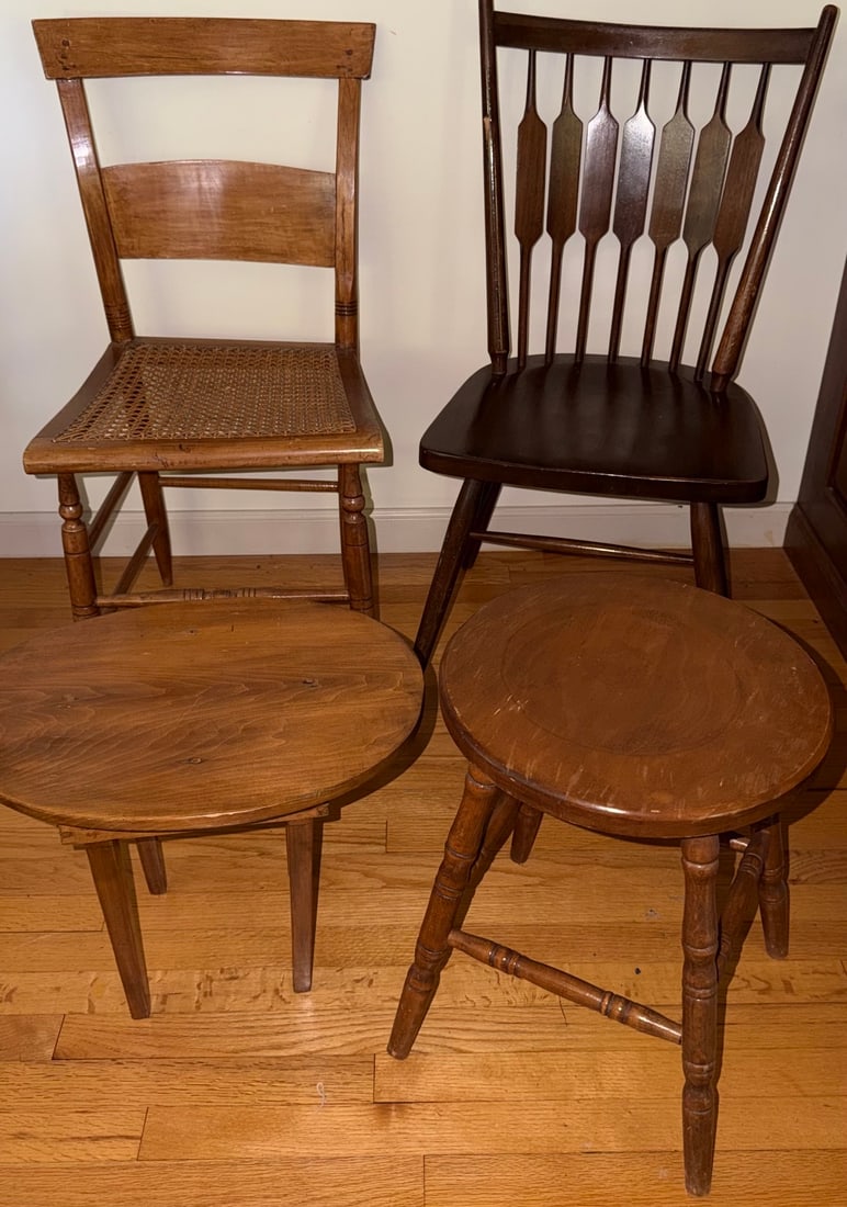 Group of 4 Antique American Country Furniture, Chairs, Stool & Child’s Doll Table (1 of 6)