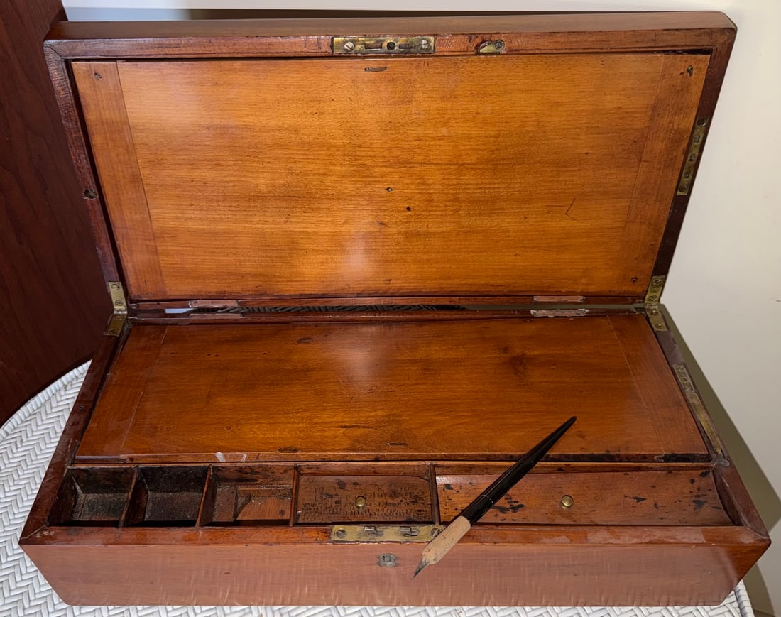 19th C. Mahogany Campaign Writing / Lap Desk: Antique 19th century mahogany portable writing slope or lap desk, likely English, with brass hardware and side carrying handles. The hinged case opens to reveal a fitted writing interior with a large 