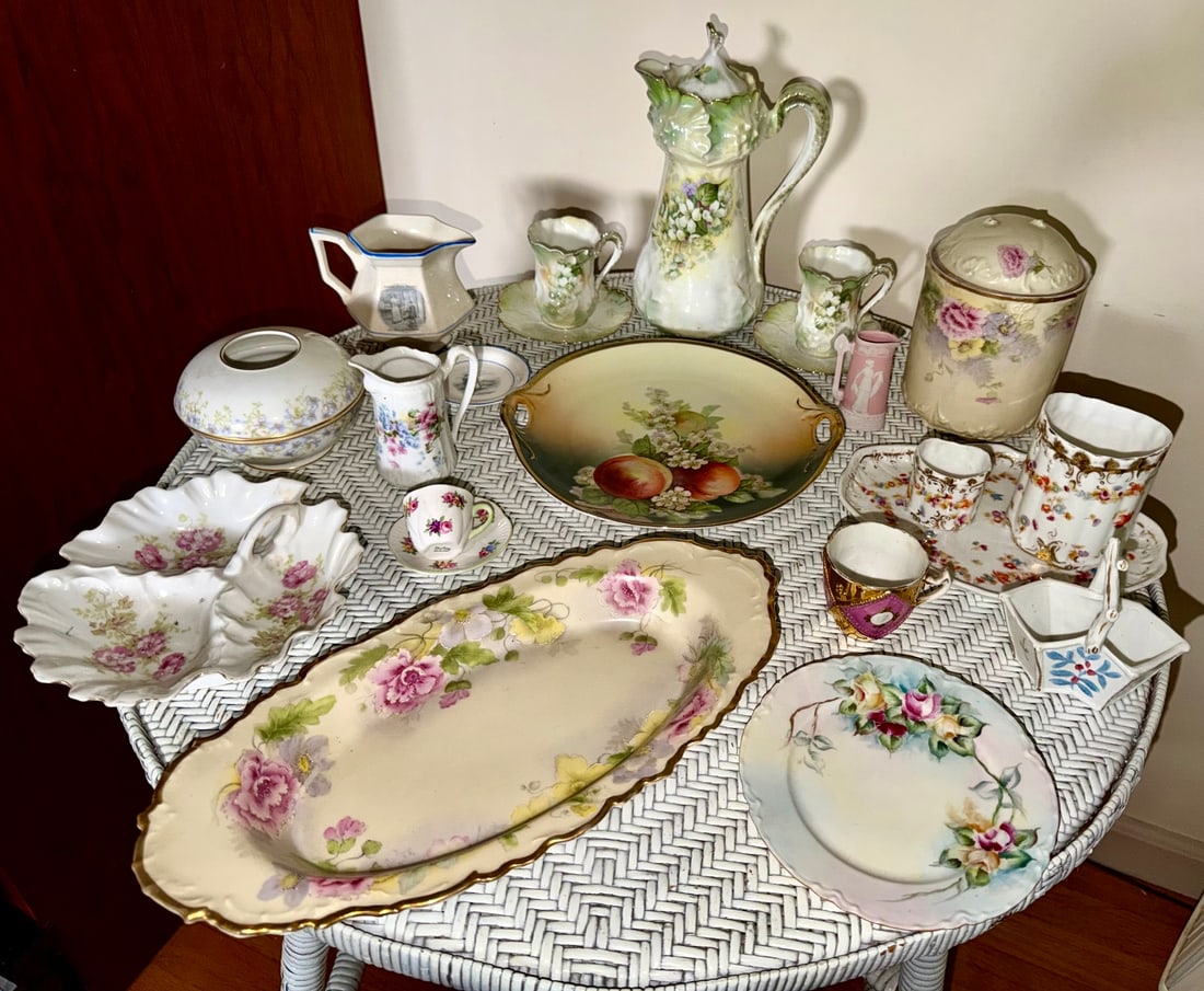 Large Group Antique & Vintage Porcelain, R.S. Prussia, Limoges & Floral China: Large assembled collection of antique and vintage decorative porcelain and china, primarily late 19th to early 20th century, featuring floral, fruit and figural decoration with gilt accents.Highlights