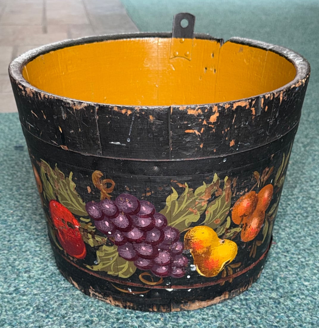 Antique Folk Art Hand Painted Wooden Bucket with Fruit Decoration / Sap Bucket (1 of 6)