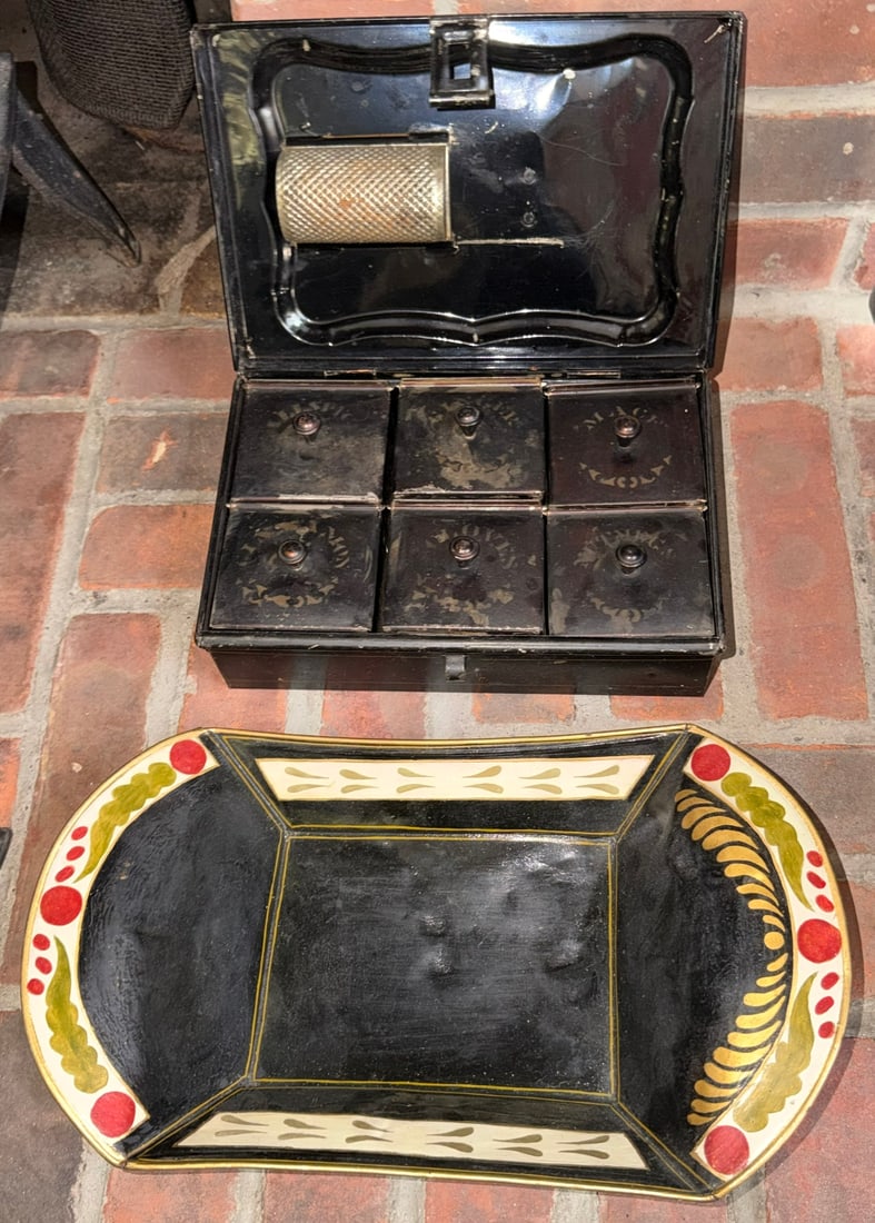 Antique Toleware Spice Box & Hand-Painted Tole Serving / Bread Tray (1 of 6)