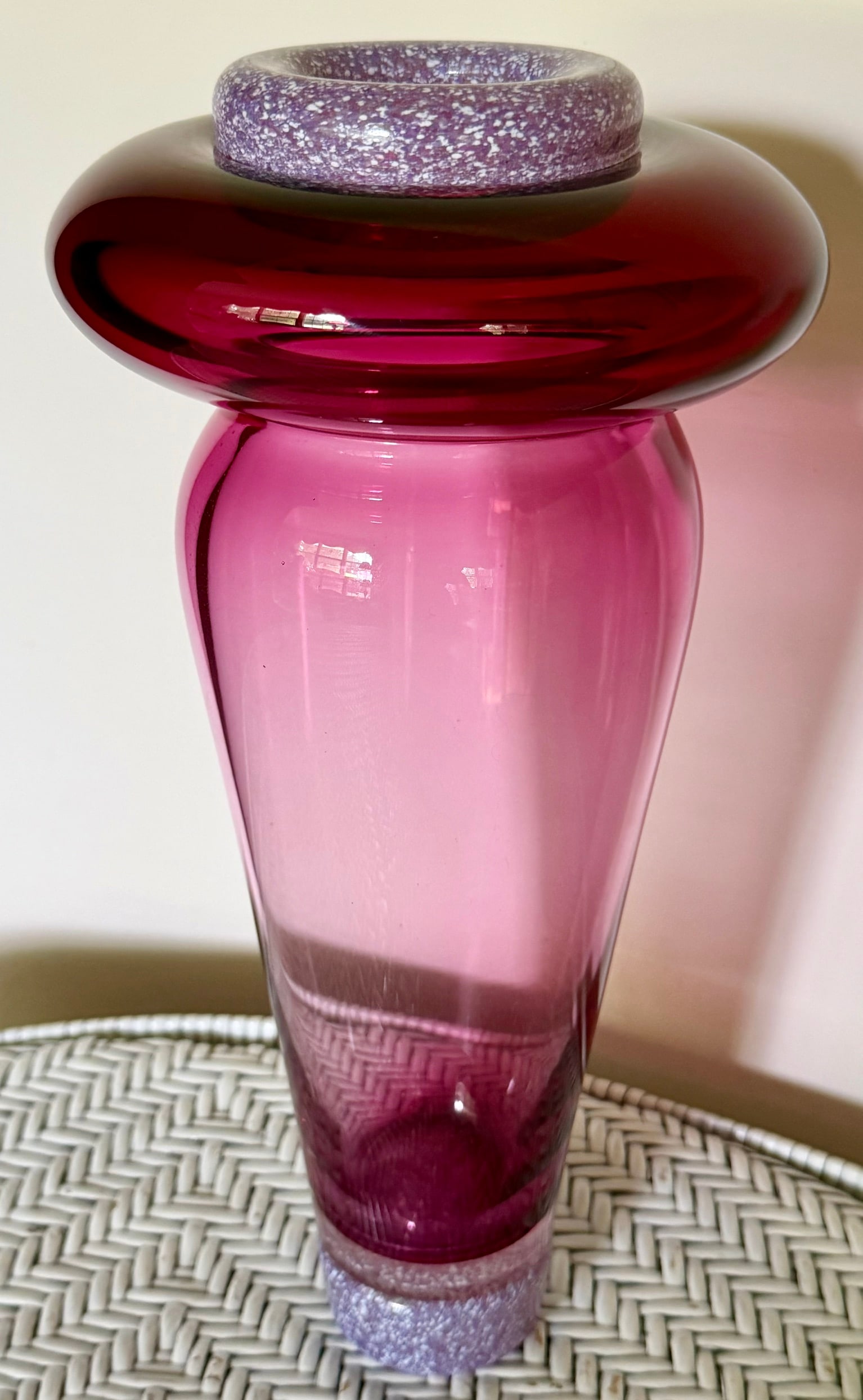 Contemporary Studio Art Glass Vase, Cranberry & Amethyst with Aventurine-Flecked Rim: Striking contemporary studio art glass vase of substantial sculptural form, featuring a tall tapered body in translucent rose-amethyst glass surmounted by a broad, flattened cranberry-red collar. The 