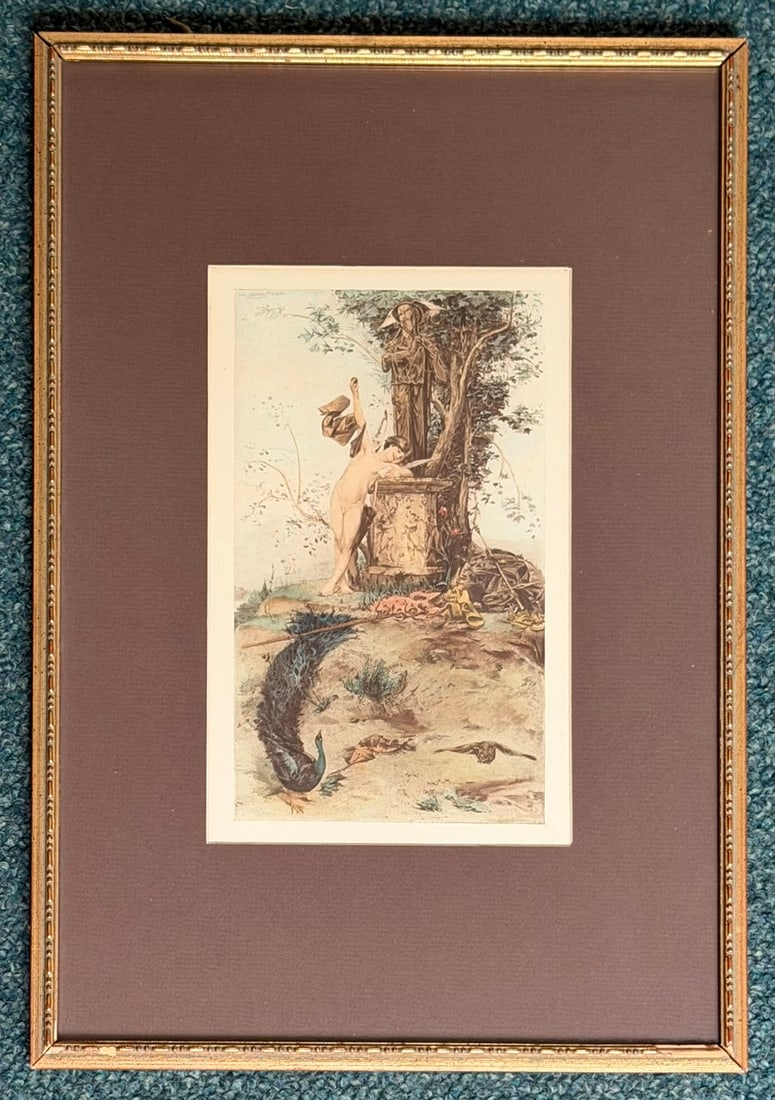 Luc-Olivier Merson (French, 1846–1920) Allegorical Color Etching, Nude & Peacock: Late 19th/early 20th century French color etching or similar intaglio print after/by Luc-Olivier Merson (1846–1920). Symbolist/allegorical composition depicting a nude male figure beside an elaborat