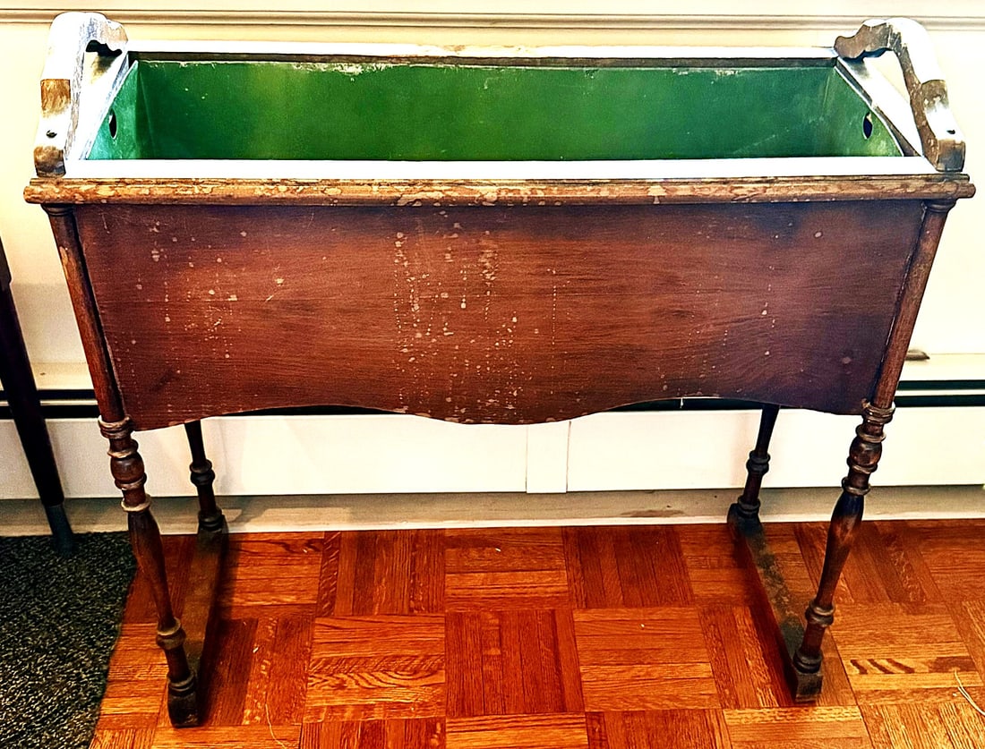 Antique Wooden Planter Stand with Metal Liner, c. 1900: Antique rectangular wooden jardinière / indoor planter stand, circa early 20th century. The elongated case features shaped lower aprons and molded upper edges, raised on four slender turned legs join