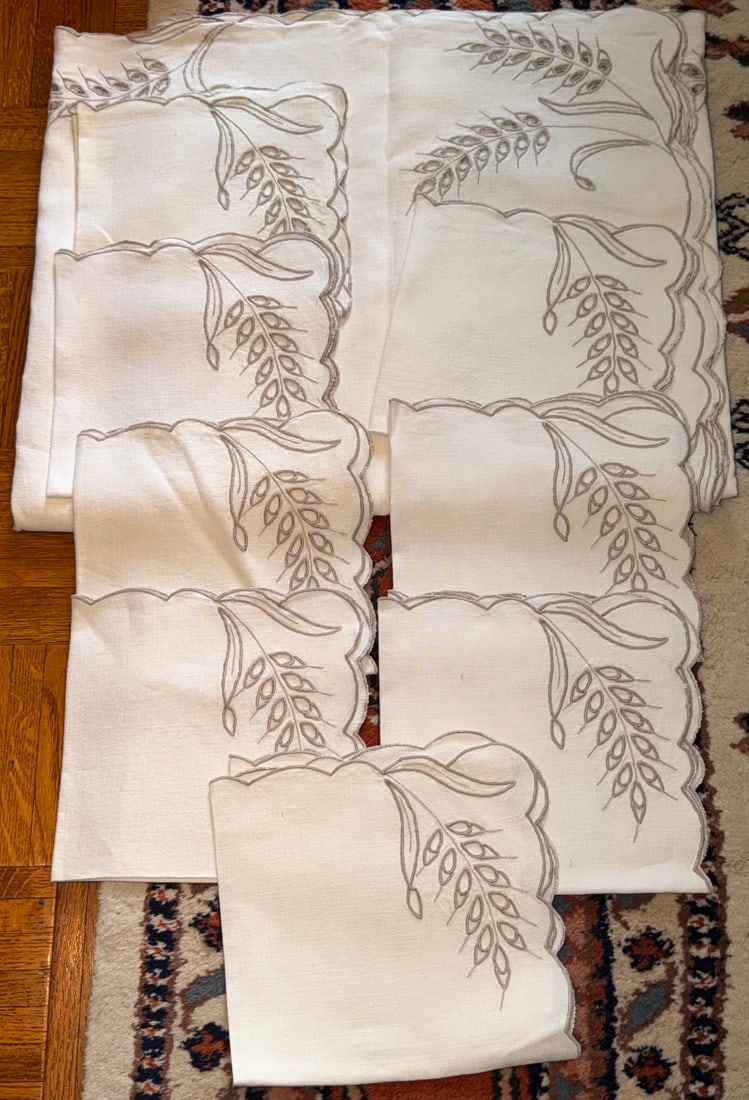 Vintage Embroidered Linen Tablecloth & Napkin Set, Wheat Motif (1 of 1)