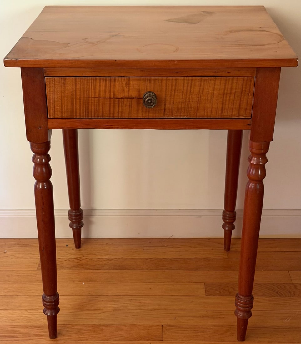 19th C. American Sheraton Cherry & Tiger Maple One-Drawer Work Table: Antique American Sheraton-style one-drawer work or side table, likely dating to the second quarter of the 19th century, circa 1825–1850. Constructed primarily of cherry or a similar native hardwood,