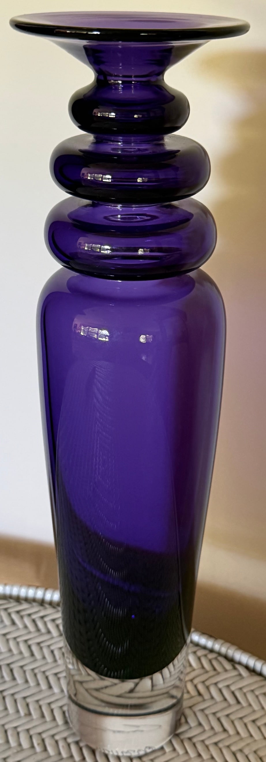 Artist Signed Contemporary (Amethyst) Purple Studio Art Glass Vase: Striking contemporary studio art glass vase signed by the artist... featuring a tall cylindrical body in rich deep amethyst-purple glass transitioning to a thick clear glass foot. The upper section