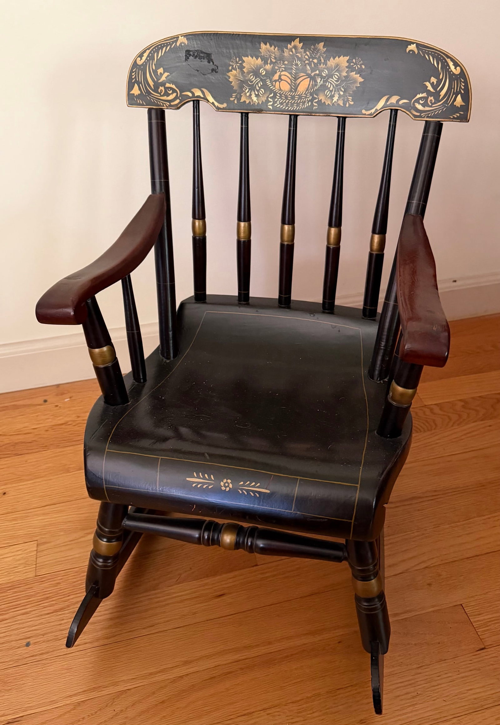 Antique 19th C. Painted Child’s Boston Rocker, Folk Art Decoration: Charming antique American paint decorated rocking armchair, dating to the mid 19th century. Constructed with a shaped plank seat with "scrolled front", turned and spindle supports, curved wooden
