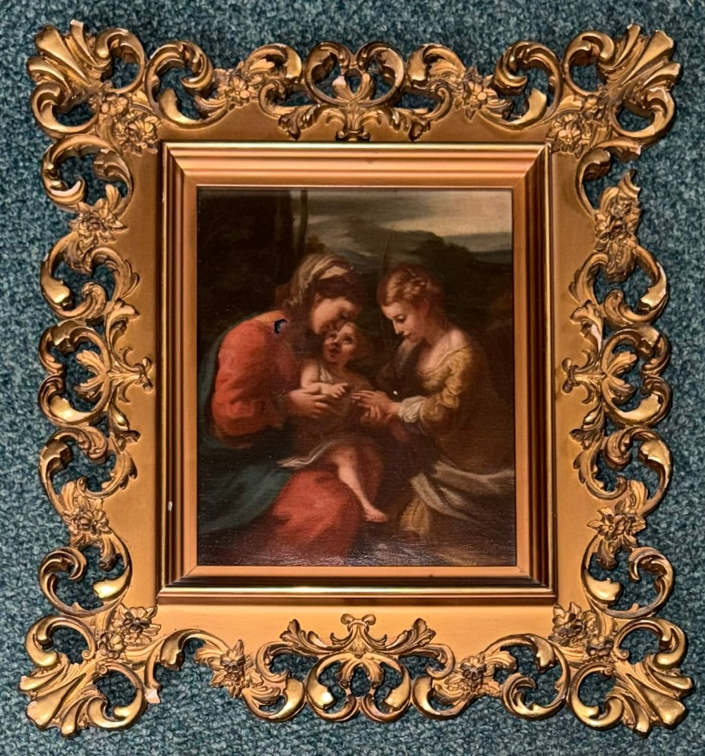 Antique Continental School Madonna & Child Oil on Canvas, Ornate Gilt Frame: Antique Continental School religious oil painting on canvas depicting the Madonna and Christ Child attended by a second female figure, presented within a landscape setting. The intimate composition is