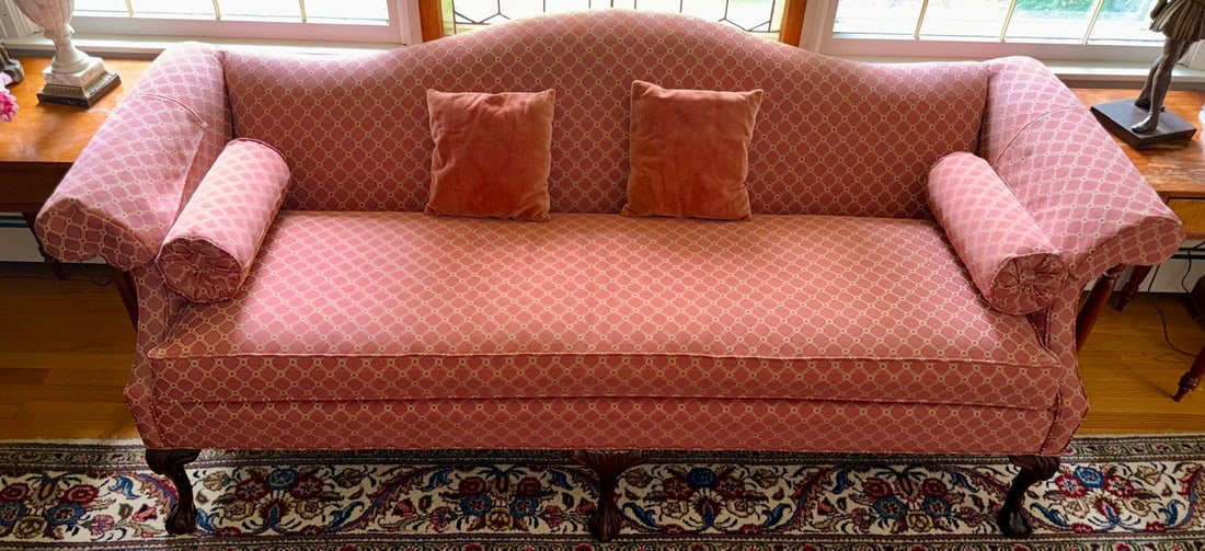 Vintage Chippendale Style Camelback Sofa, Carved Mahogany Ball & Claw Feet (1 of 9)