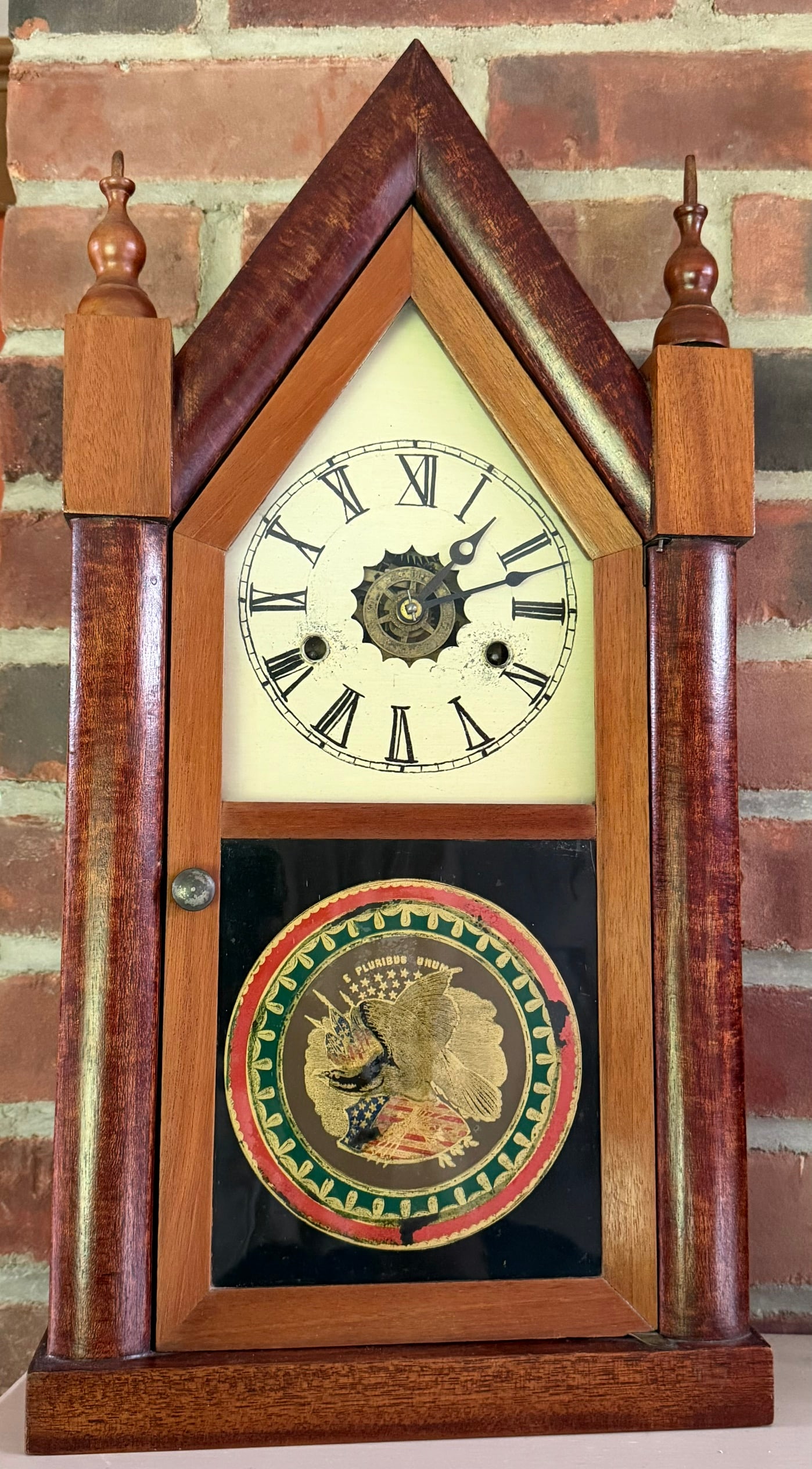 Antique Gilbert Gothic Steeple Mantel Clock, E Pluribus Unum Eagle Tablet, 19th C. (1 of 9)