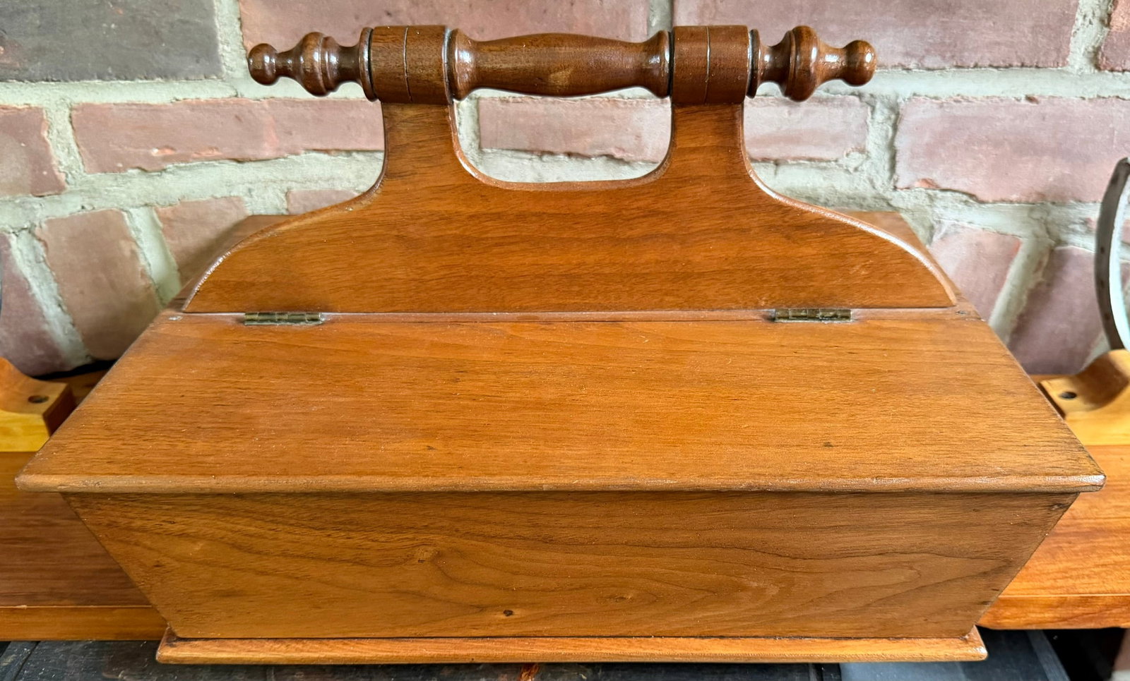 19th C. Antique Walnut Wooden Lidded Cutlery Tray / box with Turned Carry Handle (1 of 6)