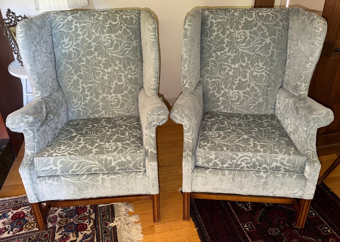 Pair Upholstered Straight Leg Chippendale Style Wingback Armchairs in Gray Floral Damask (1 of 7)