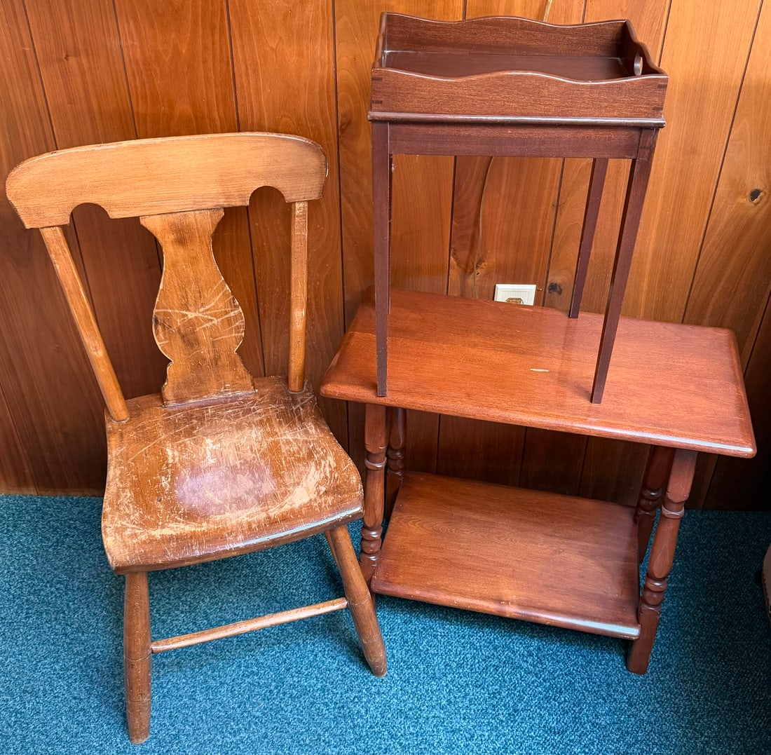 Lot of 3 Vintage & Antique Wood Furniture – Lyre-Back Chair, Two-Tier Table & Tray Stand (1 of 4)