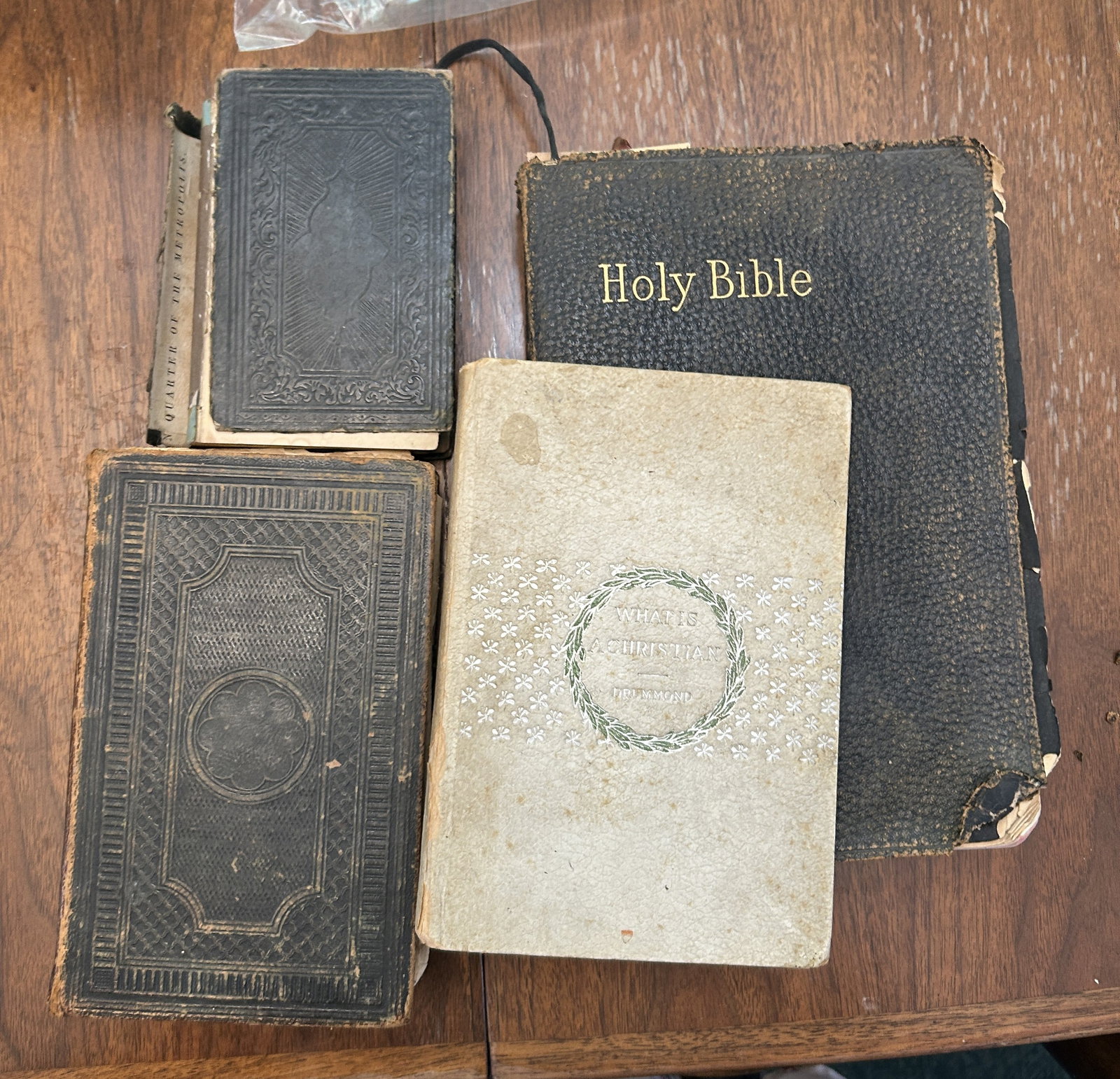 Lot of 4 Antique Religious Books incl. 1853 American Bible Society Bible: Group of four antique and vintage Christian religious books, including an especially early 1853 Holy Bible published by the American Bible Society, New York, containing the Old and New Testaments. The
