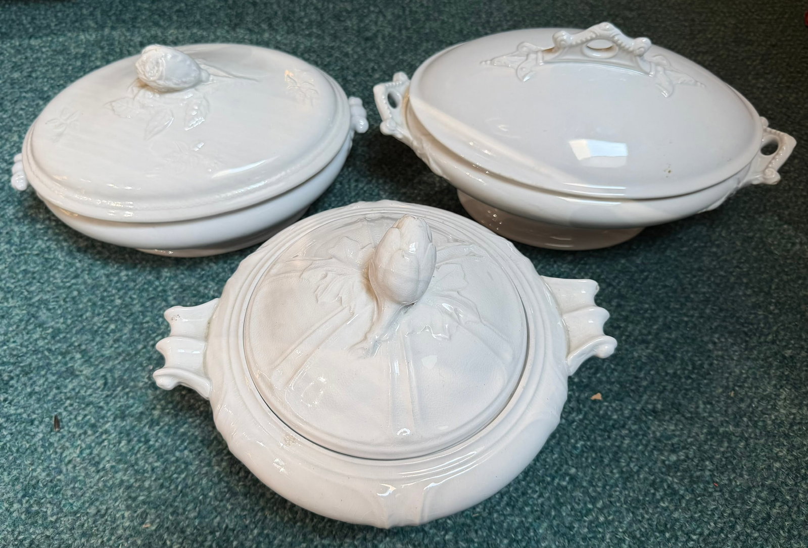 3 Pc Antique White Ironstone Covered Tureens, John Edwards & Unmarked, 19th C. (1 of 10)