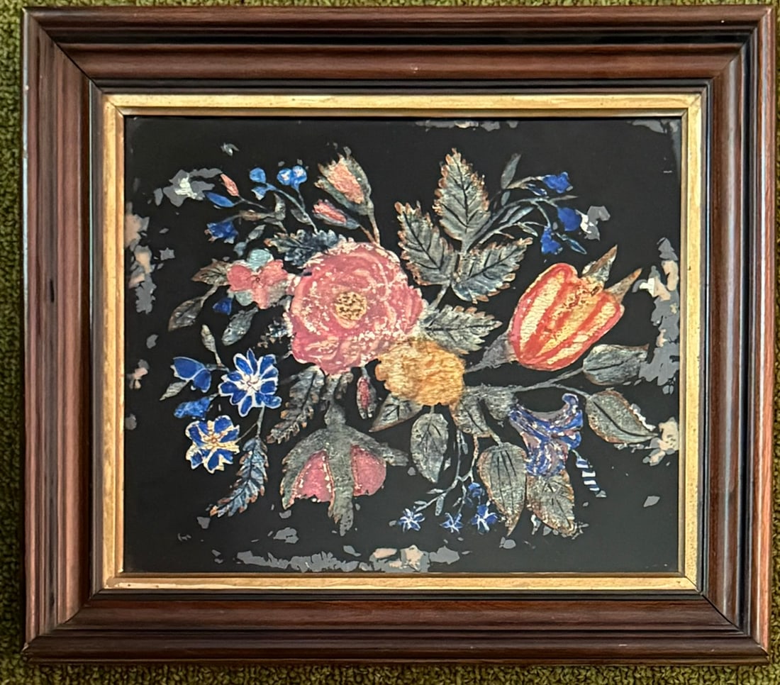 Antique Foil-Back Reverse Painted Glass Floral Still Life, Victorian walnut Shadow Box Frame: Antique reverse-painted glass floral still life depicting a colorful bouquet of roses, tulip and assorted blossoms against a black ground. The decoration incorporates metallic foil backing, giving the