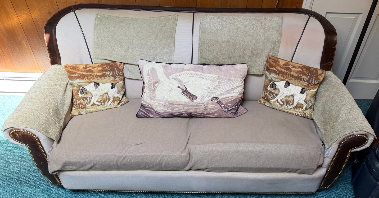 Orvis Leather Trim Upholstered Sofa with Brass Tack Detail (1 of 5)