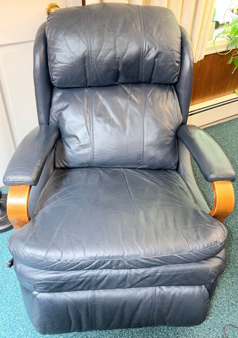 Vintage Navy Blue Leather Rocker Recliner with Oak Accents (1 of 5)