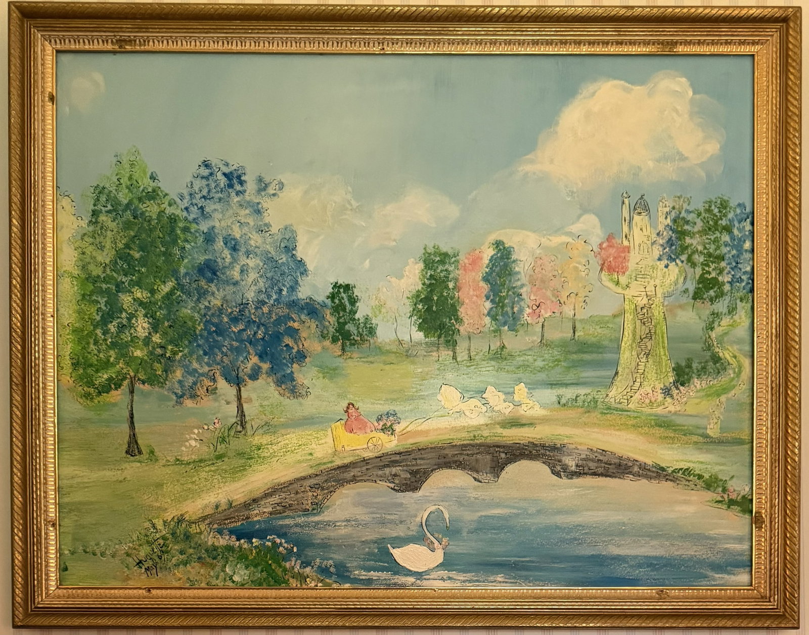 Huguette Signed Whimsical Fantasy Landscape Painting, 1969: Whimsical mid-century fantasy landscape painting, signed “Huguette” and dated “May 69” at lower left. The imaginative storybook composition depicts a colorful park landscape with a sto