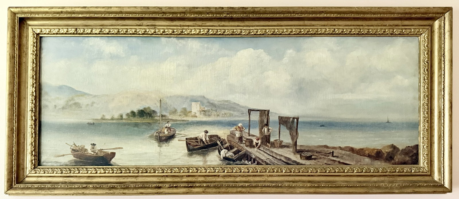 19th C. European Coastal Harbor Scene Oil on Canvas, Fishermen & Boats, 1870-1900 (1 of 7)