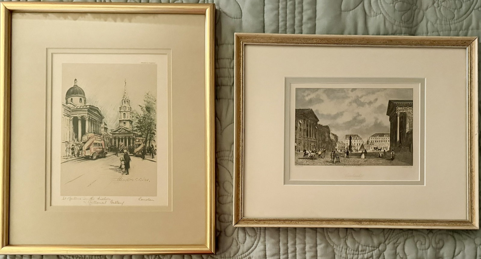 Lot of 2 Framed London Prints, Charing Cross & St. Martin-in-the-Fields: Lot of two framed architectural and city views of London, England.The first is a finely detailed 19th-century engraved view of Charing Cross, depicting the bustling London square with horse-drawn carr