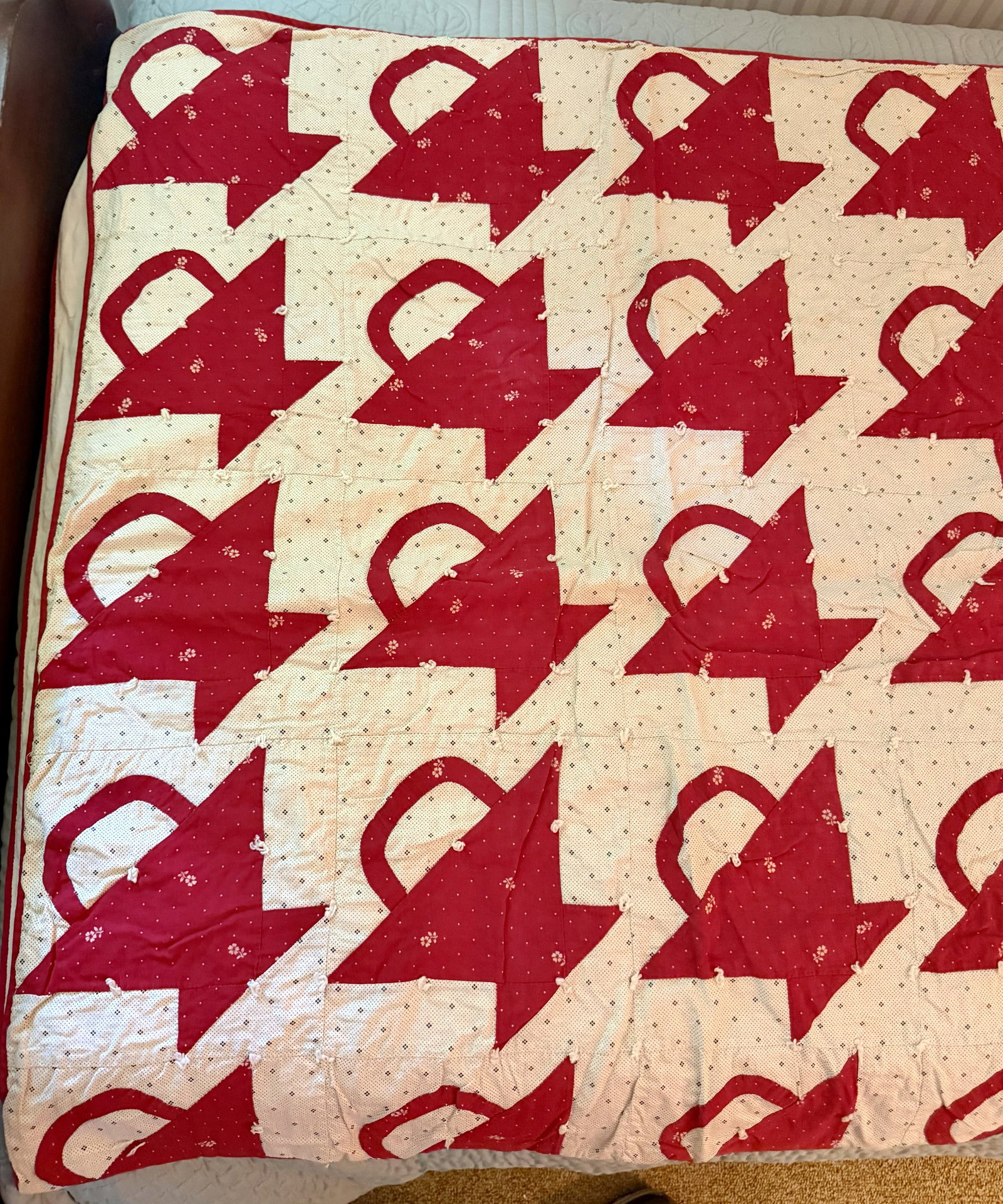 Antique Red & White Basket Pattern Hand-Tied Patchwork Quilt - 2