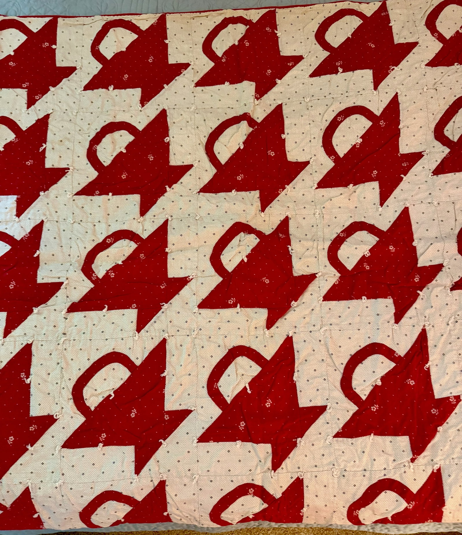 Antique Red & White Basket Pattern Hand-Tied Patchwork Quilt - 3