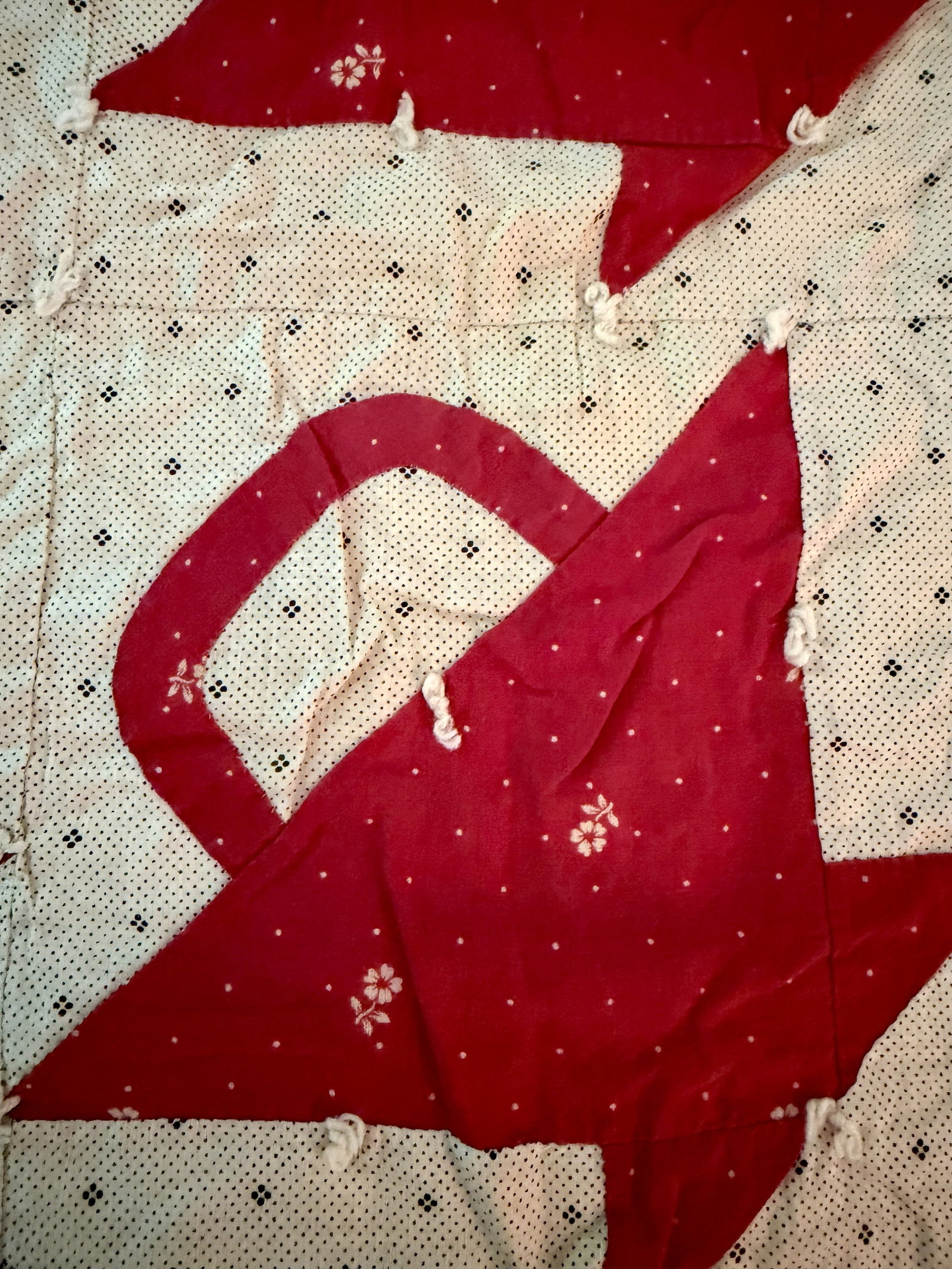 Antique Red & White Basket Pattern Hand-Tied Patchwork Quilt - 5