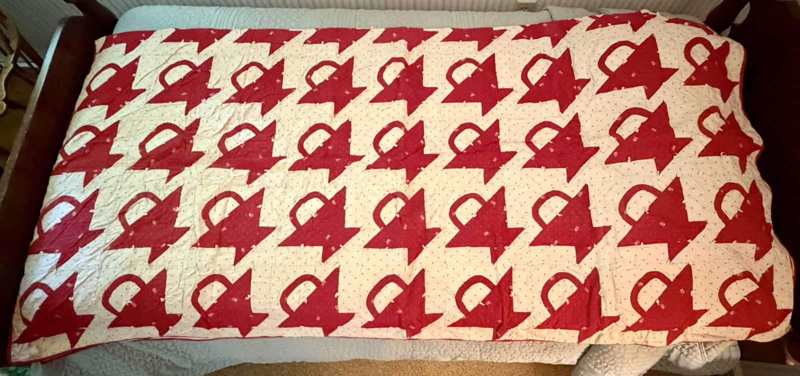 Antique Red & White Basket Pattern Hand-Tied Patchwork Quilt - 6