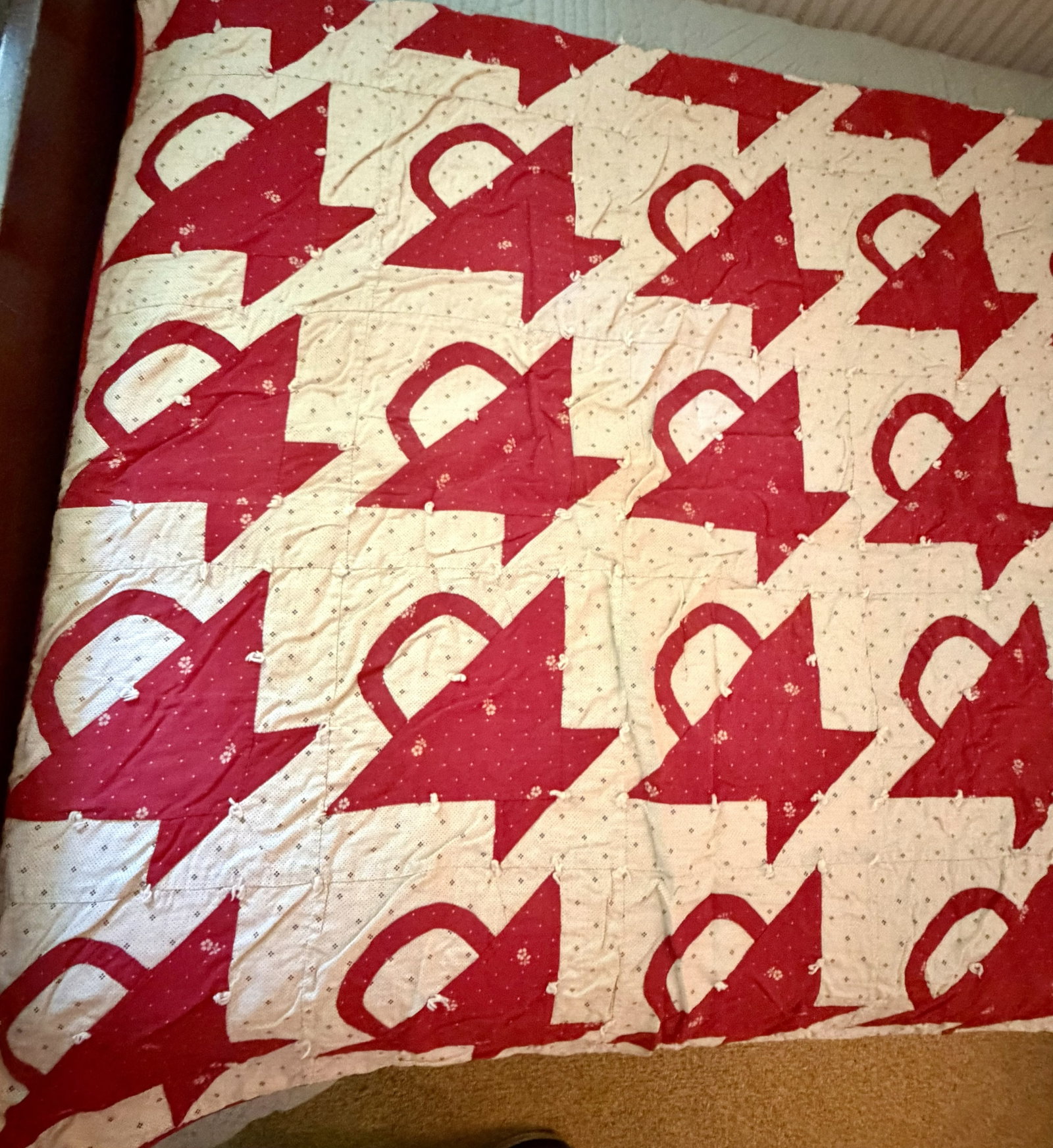 Antique Red & White Basket Pattern Hand-Tied Patchwork Quilt - 7