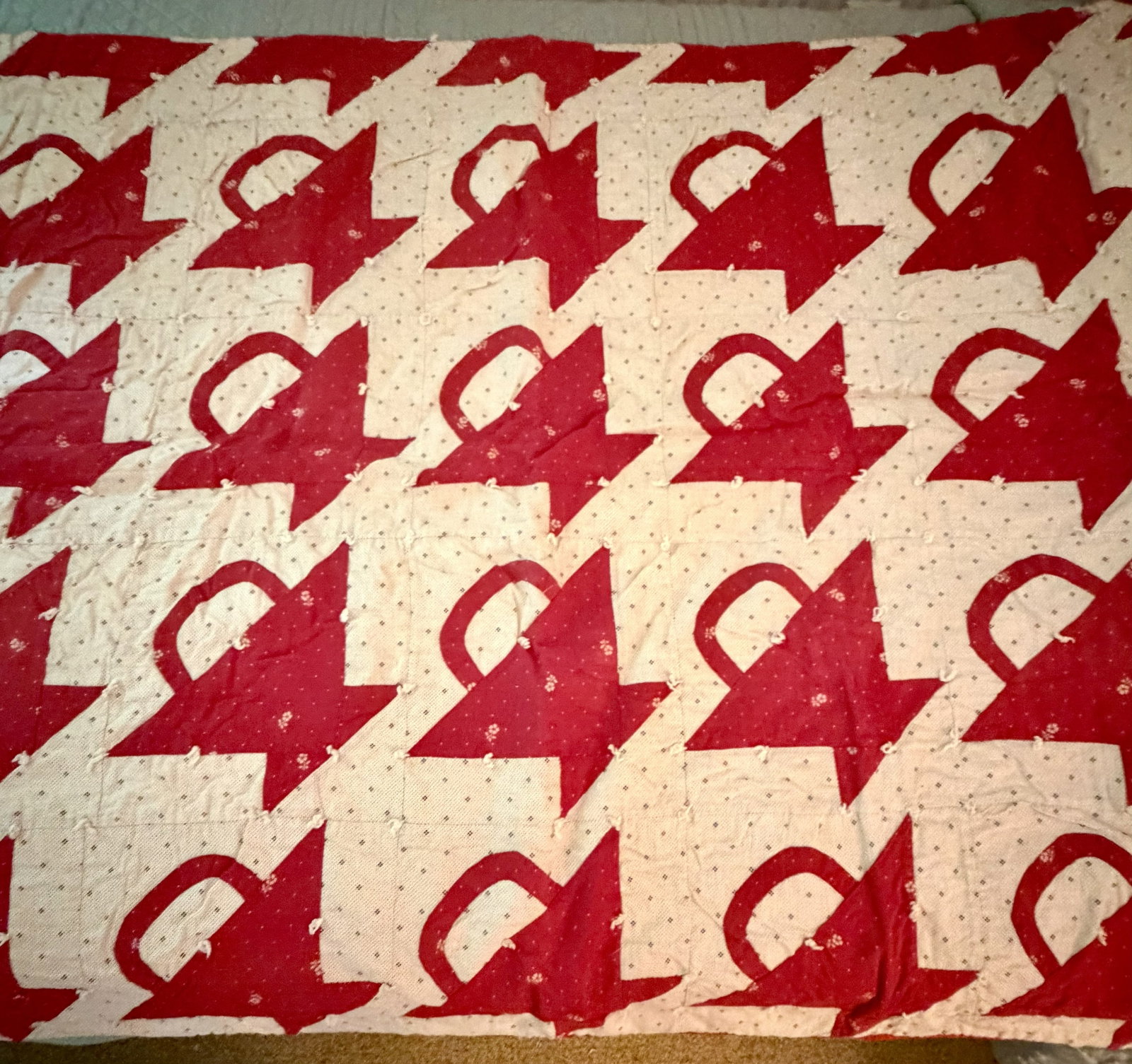 Antique Red & White Basket Pattern Hand-Tied Patchwork Quilt - 8
