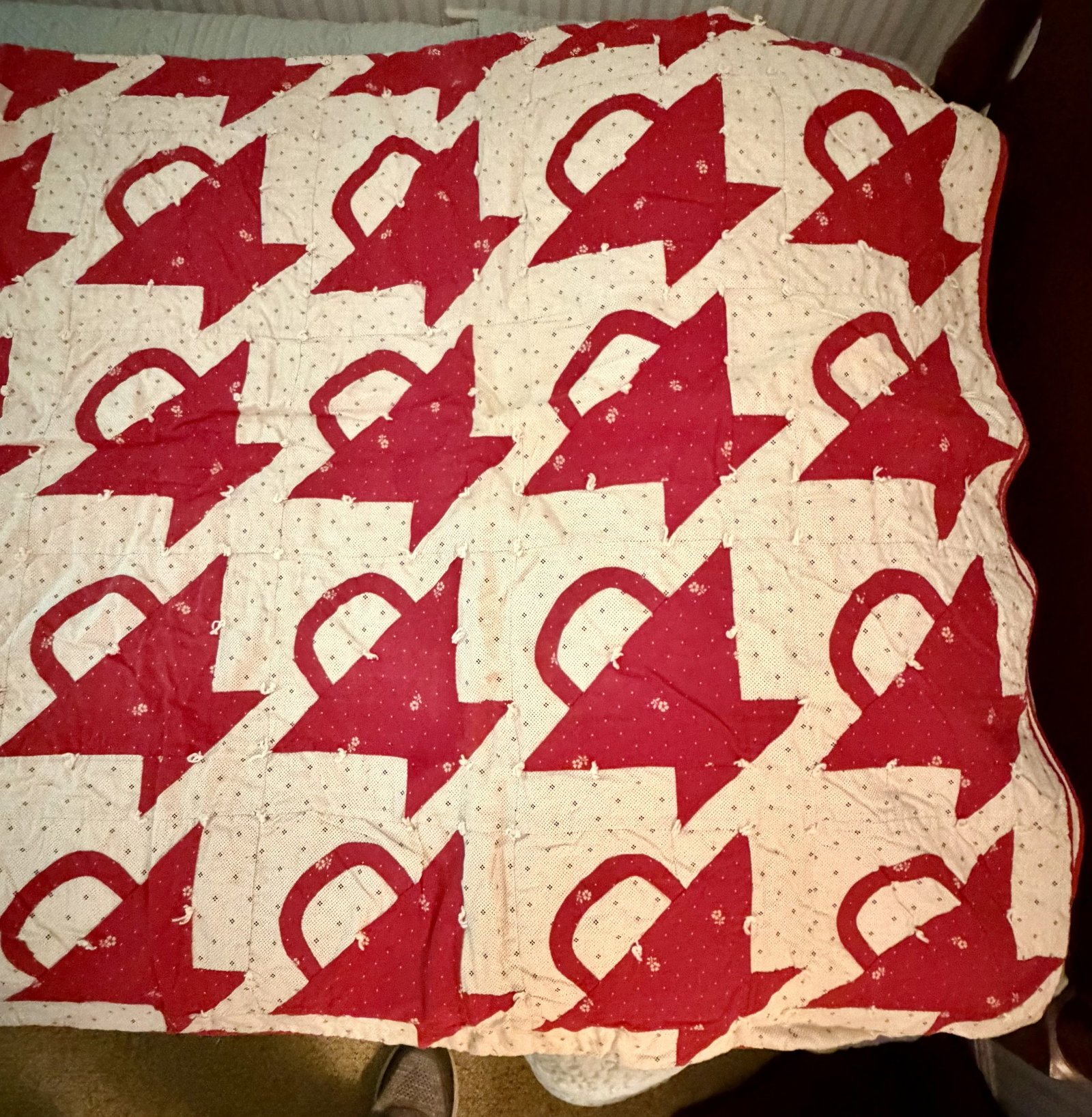 Antique Red & White Basket Pattern Hand-Tied Patchwork Quilt - 9