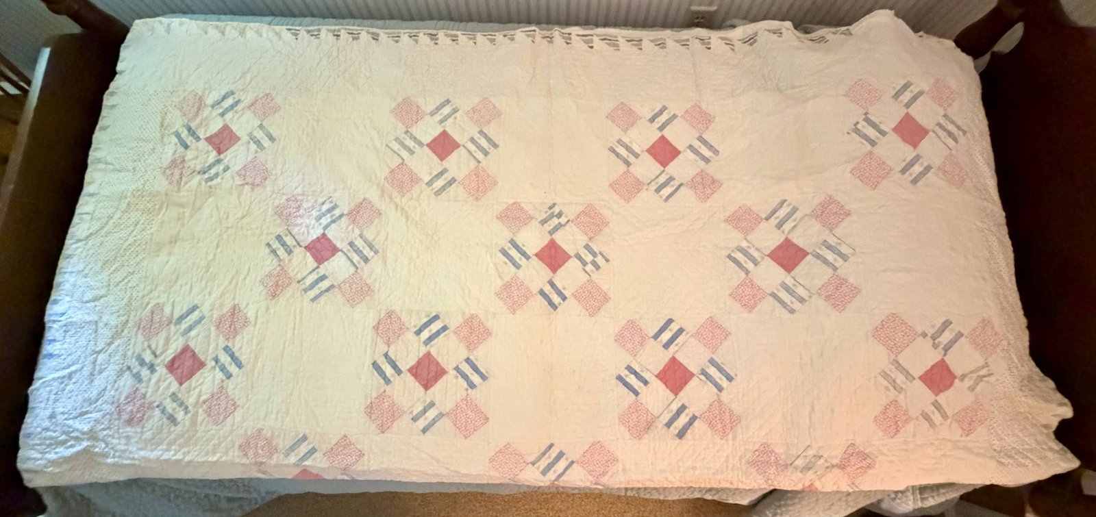 Antique Hand-Pieced Red, White & Blue Album Block Quilt, Early 20th C.: Antique American hand-pieced and hand-quilted cotton quilt, likely dating to the early 20th century, circa 1910–1930. The predominantly white field is arranged with repeating geometric album-style b