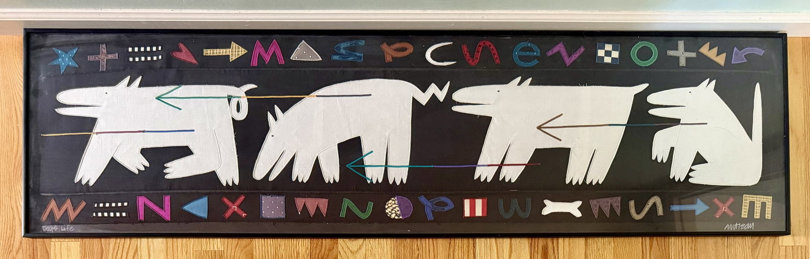 Large Contemporary Textile Appliqué “Dog’s Life” Signed Mateau: Large-scale contemporary textile/fiber artwork titled “Dog’s Life,” featuring four stylized white dogs arranged against a black ground. The whimsical canine figures are surrounded by rows of