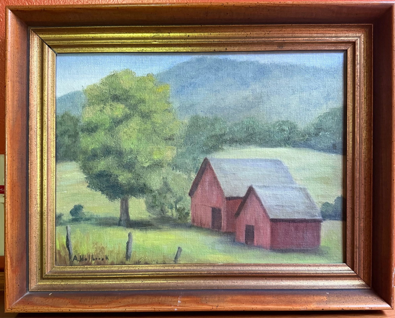 Angela Holbrook Vermont Landscape Oil Painting “Red Barns,” West Pawlet: Original oil on canvas depicting a pastoral Vermont landscape with a pair of red barns set among rolling green fields, mature trees, and hazy mountains. Signed “A. Holbrook” lower left.An orig