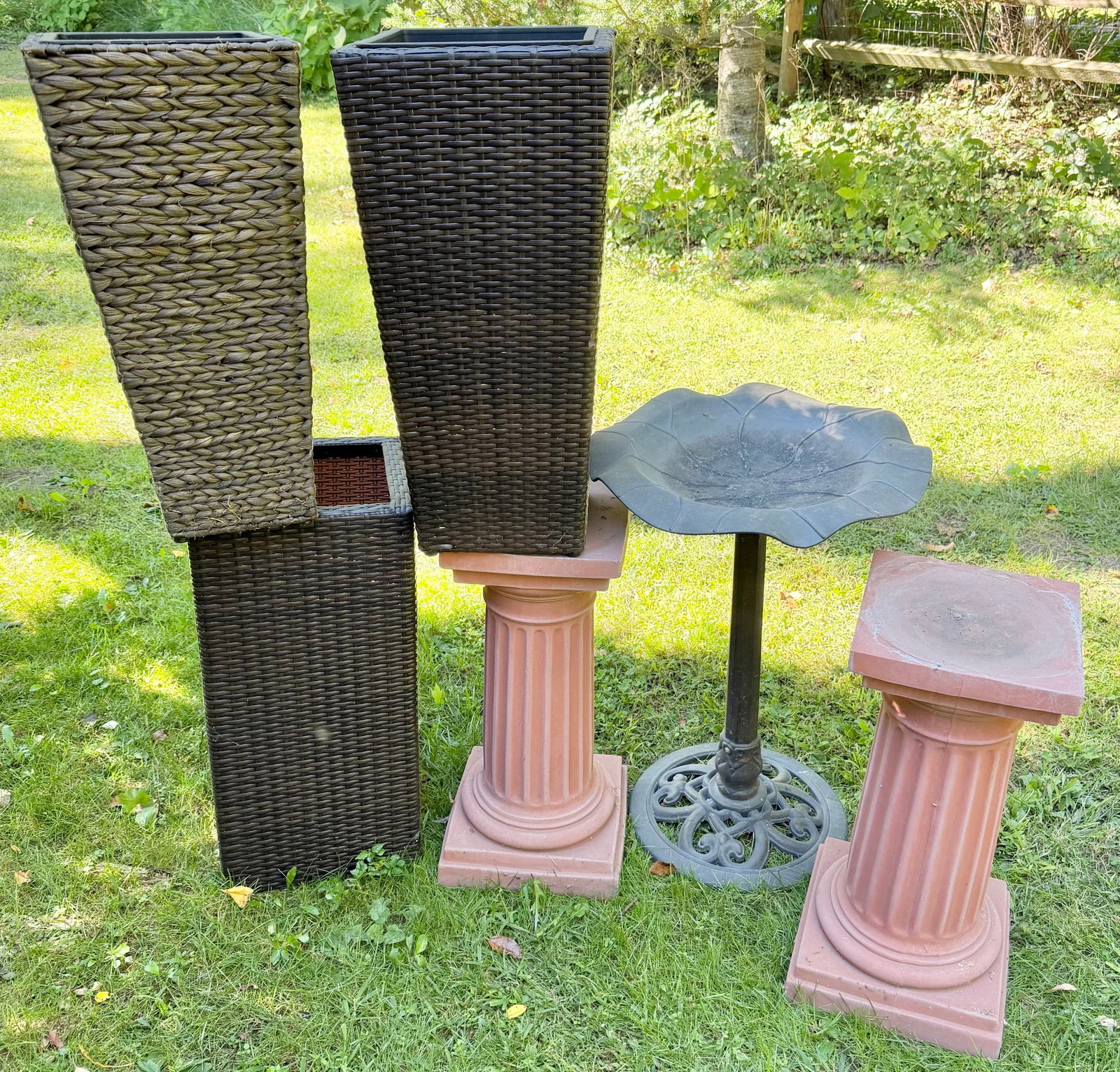 Group of 6 Outdoor Garden Planters, Pedestals & Bird Bath (1 of 2)