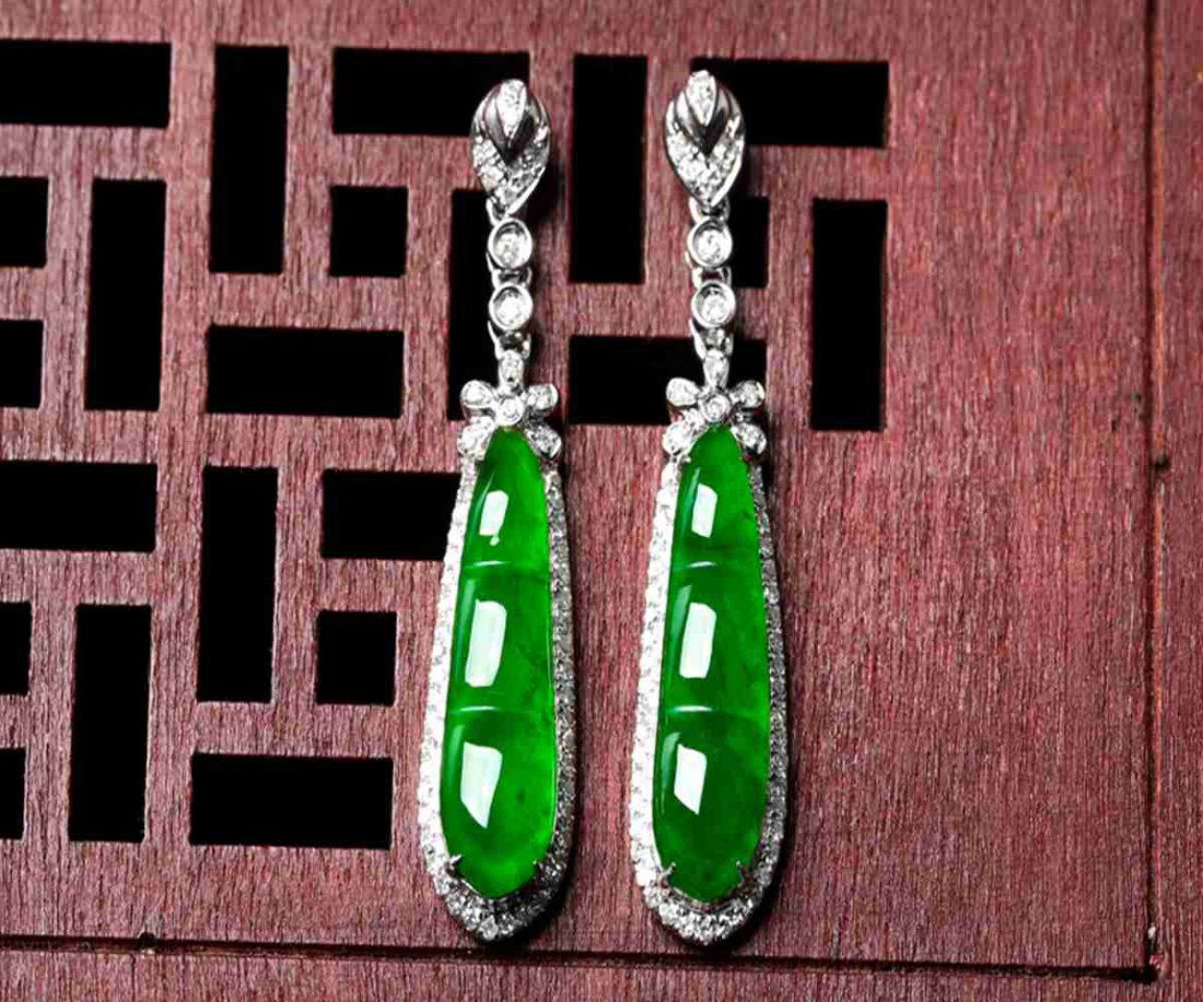 18K Gold With Diamonds Burmese Natural Jadeite Earrings (1 of 14)