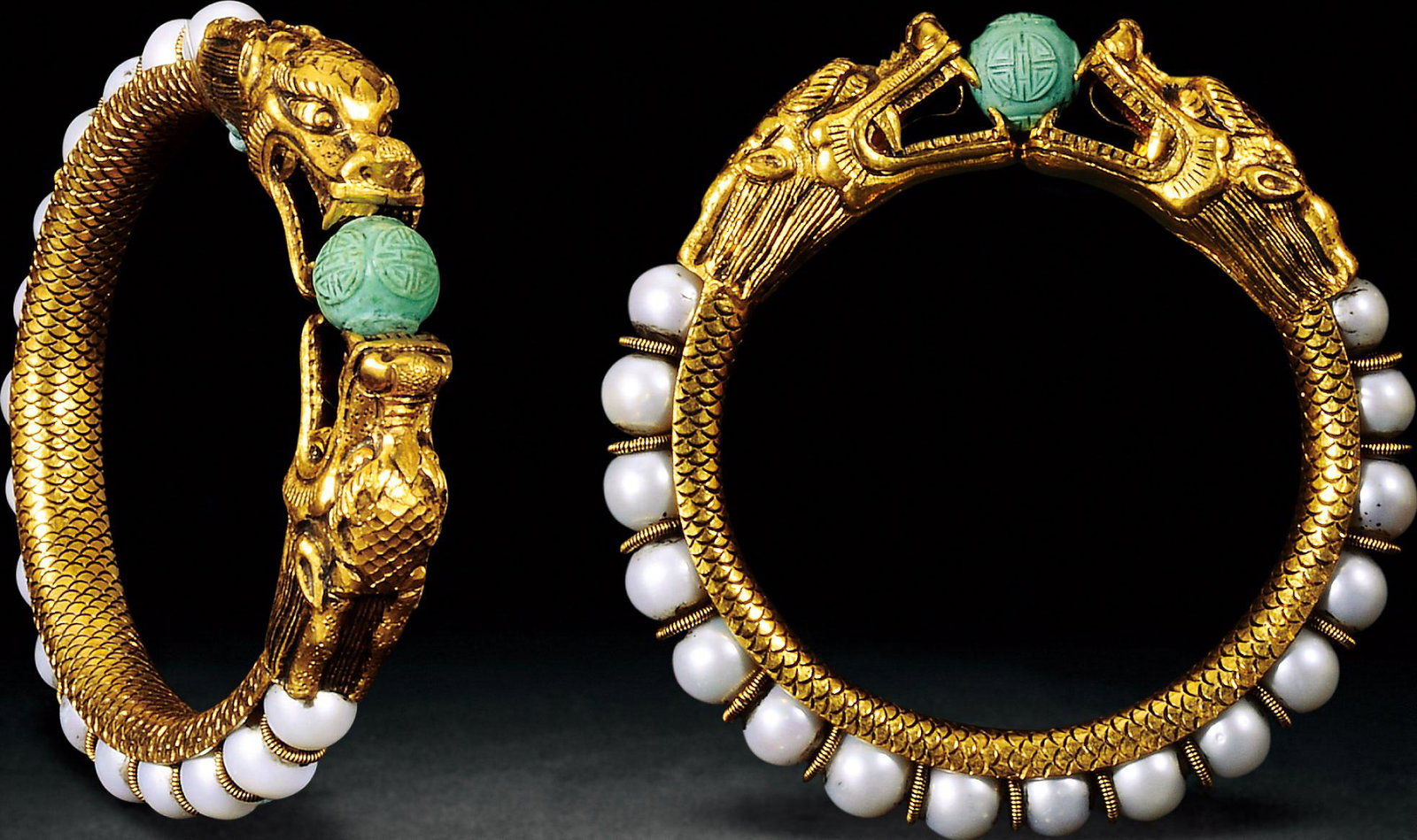 Qing Dynasty - Gold Bracelet Showing Double Dragons Playing with Pearls: Qing Dynasty - Gold Bracelet Showing Double Dragons Playing with Pearls