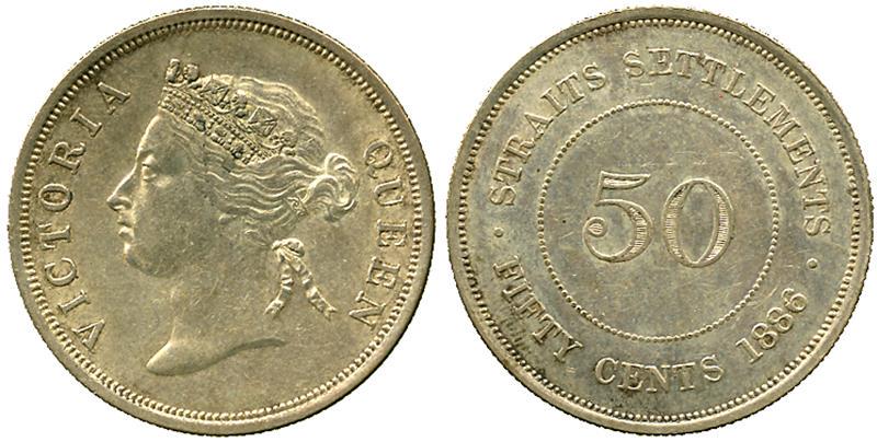 Coins of Malaysia, Straits Settlements, Victoria: Silver 50-Cents, 1886 (KM 13). Uncirculated. (1 of 1)