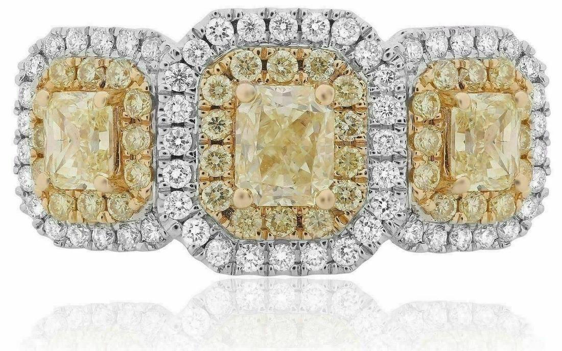 2.21CT WHITE & FANCY CANARY DIAMOND 18KT TWO TONE GOLD 3 STONE ENGAGEMENT RING (1 of 1)