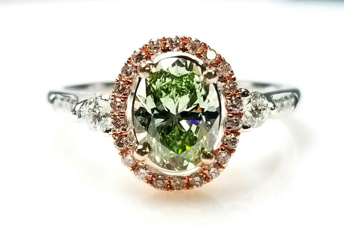 GIA 1.45ct Natural Argyle 7p Fancy Green & Pink Diamond Engagement Ring 18K Oval (1 of 1)