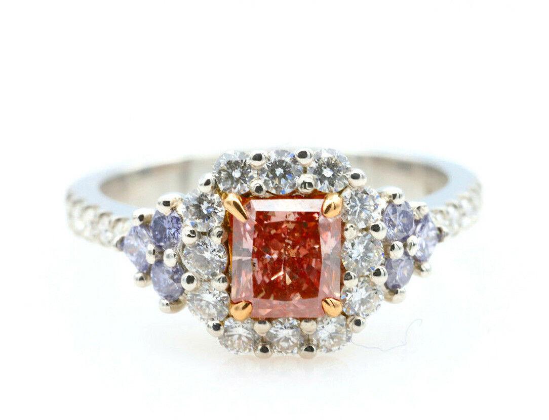 Platinum Engagement Ring 1.30ct Natural Fancy Intense Pink And Argyle Blue GIA: Item Stock Number:SU-311Certificate Number:GIAShape:RadiantCarat Weight:Center - 0.66ct, Blue - 0.19ct, White - 0.36ctColor: Fancy Intense Orangy Pink, Fancy Blue Argyle 2BL+Clarity:VS1-SI1Metal : Pla