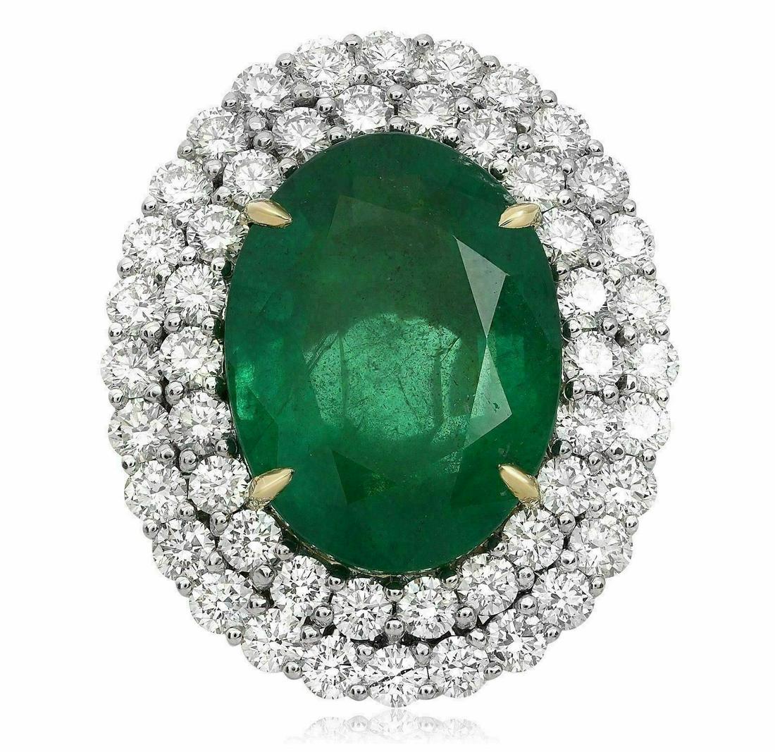 EXTRA LARGE 20.59CT DIAMOND & AAA EMERALD 18KT 2 TONE GOLD & PLATINUM HALO RING (1 of 1)