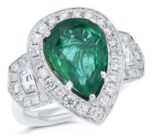 8.0CT DIAMOND & AAA EMERALD 18KT WHITE GOLD 3D PEAR SHAPE ENGAGEMENT RING (1 of 1)